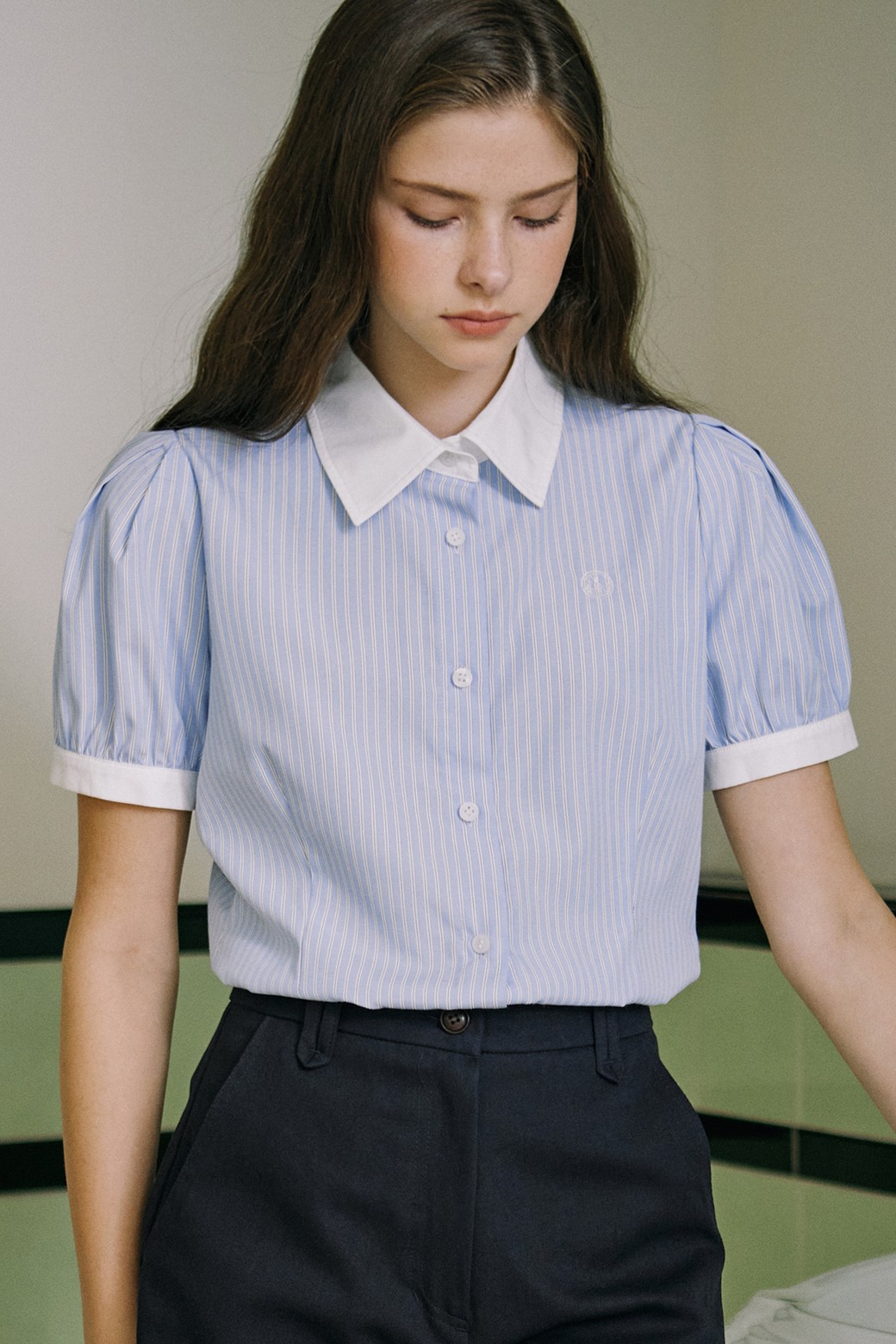 Puff Half Sleeve Stripe Shirt Blue NONLOCAL