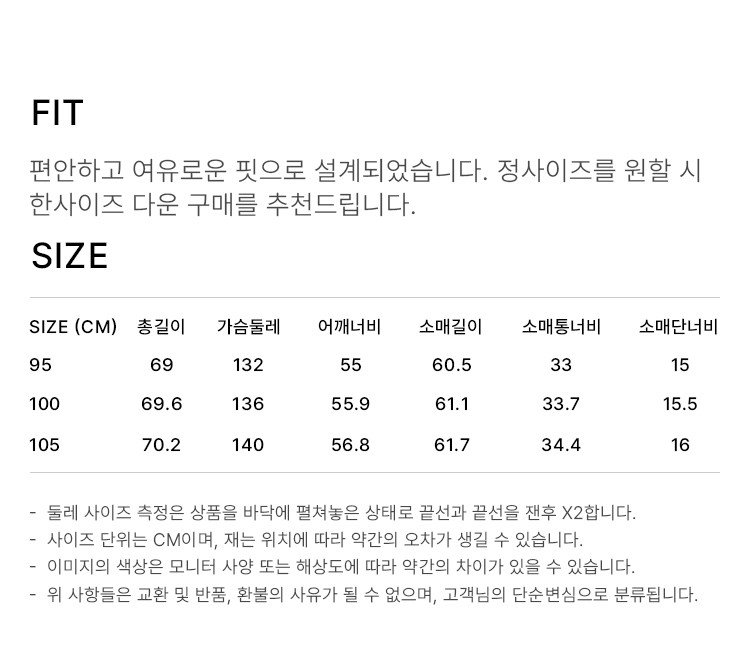 상품 상세 사이즈 표