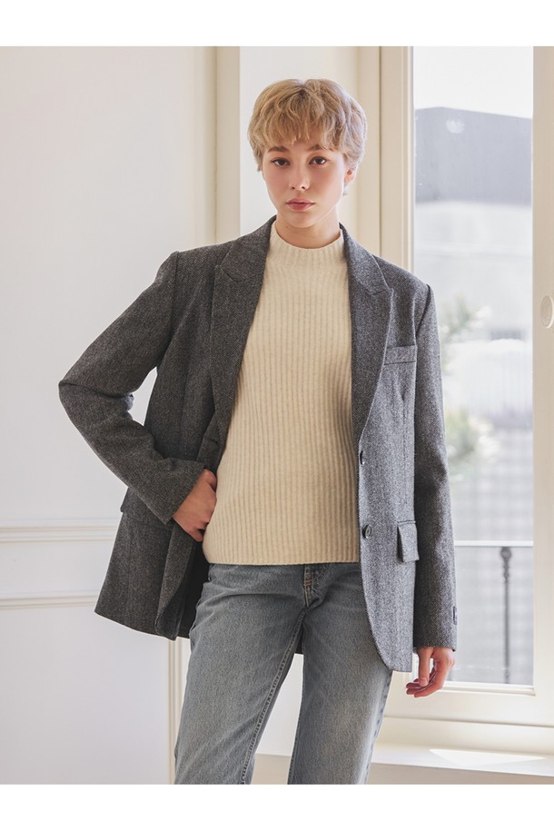 Abraham Moon - 자켓 - 헤링본 메리노울 자켓 - 그레이