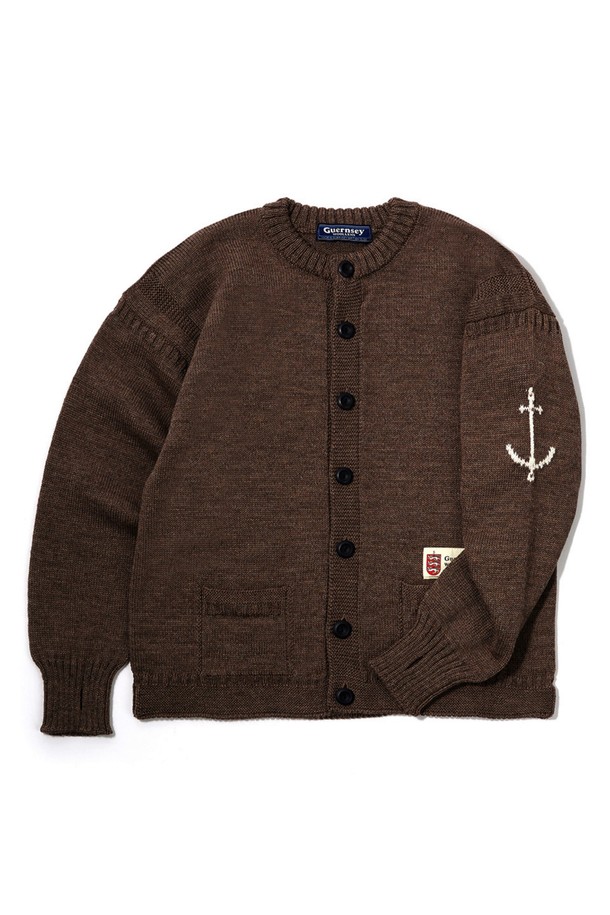 GUERNSEY WOOLLENS - 가디건 - 피셔맨 홀가먼트 가디건 - 다크 브라운