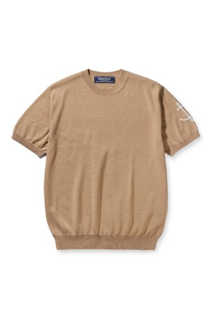 코튼 반팔 크루넥 니트 - 라이트 카멜