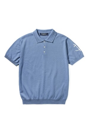 코튼 반팔 카라 니트 - 블루