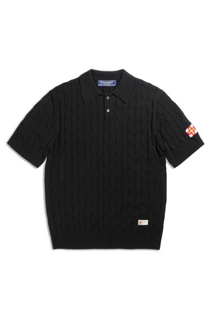 코튼 케이블 반팔 카라 니트 - 블랙