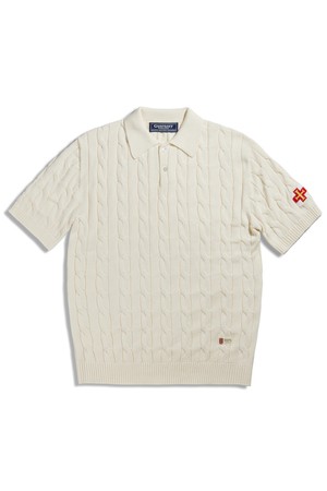 코튼 케이블 반팔 카라 니트 - 에크루