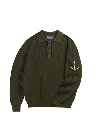 머서라이즈 코튼 새들 카라 니트 - 올리브