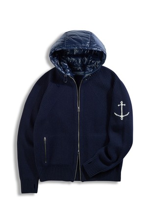 헤비 후드 투웨이 집업 스웨터 - 네이비