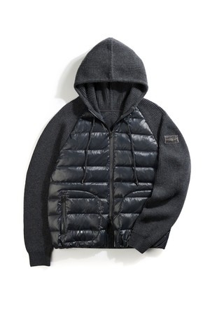 구스 다운 하이브리드 후드 집업 스웨터 - 그레이