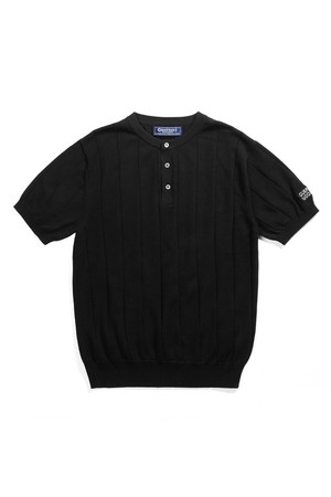 코튼 헨리넥 리브드 반팔 니트 - 블랙