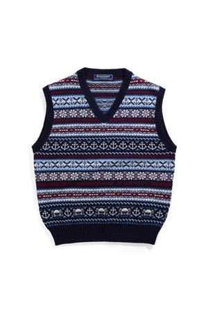 그랑 로크 페어아일 코튼 브이넥 베스트 - 네이비