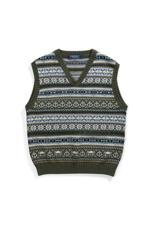 그랑 로크 페어아일 코튼 브이넥 베스트 - 올리브