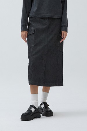 W 데님 스웻 H라인 카고 스커트 Black