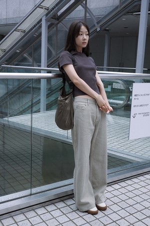 W 컬러 데님 플레어 팬츠 Beige