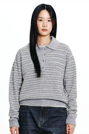 W 스트라이프 카라 니트 Melange Gray