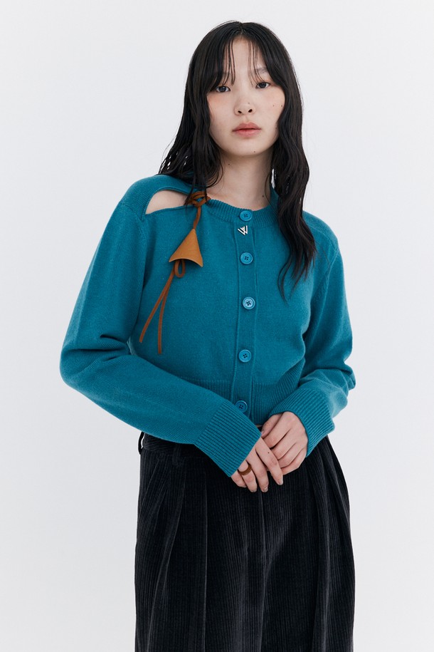 WNDERKAMMER - 가디건 - Open Point Crop Knit Cardigan_Turquoise Blue