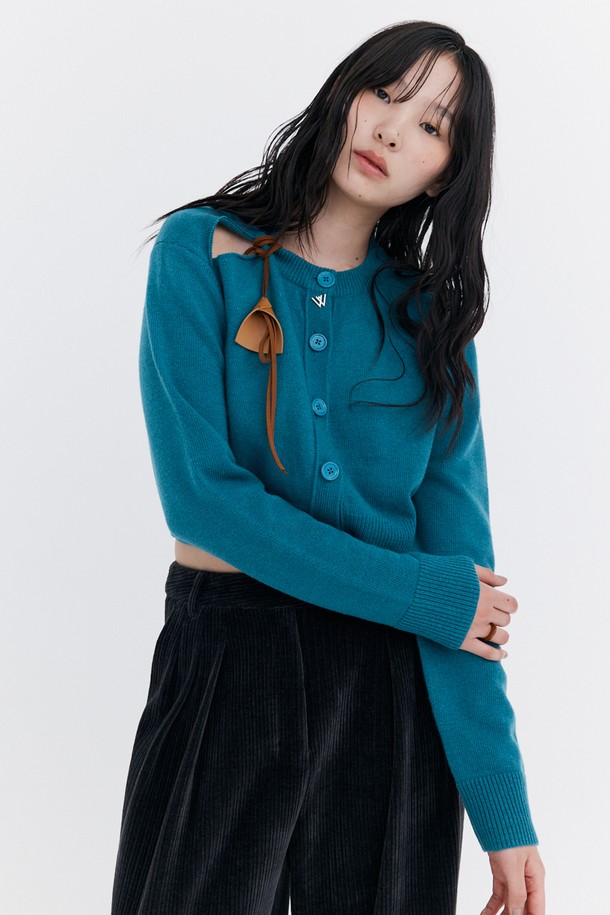 WNDERKAMMER - 가디건 - Open Point Crop Knit Cardigan_Turquoise Blue