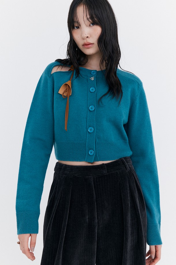 WNDERKAMMER - 가디건 - Open Point Crop Knit Cardigan_Turquoise Blue