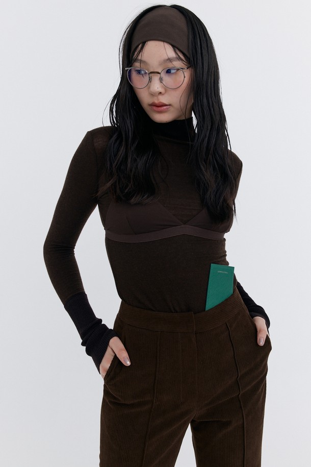 WNDERKAMMER - 긴소매 티셔츠 - Knit Rib Half Turtleneck T-shirt_Brown