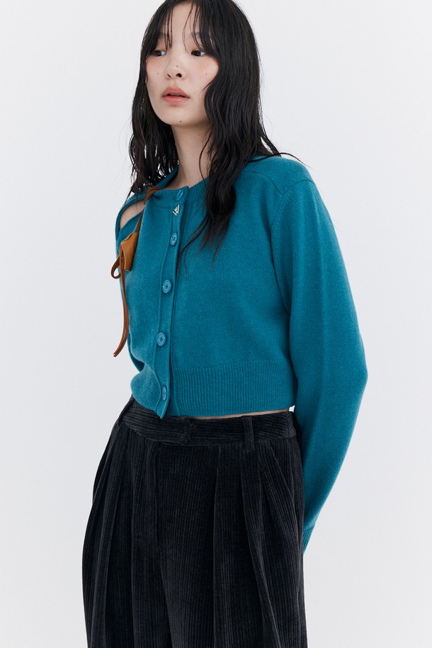 WNDERKAMMER - 가디건 - Open Point Crop Knit Cardigan_Turquoise Blue