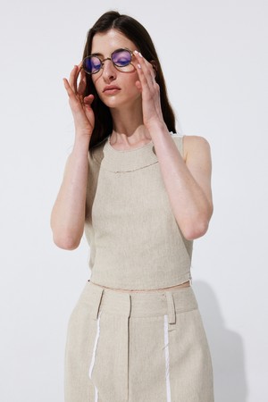 Color-Block Sleeveless Crop Top_Beige