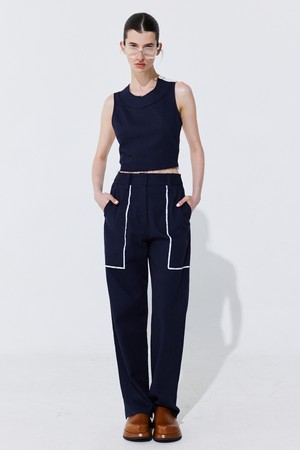 Color-Block Point linen Trousers_Navy