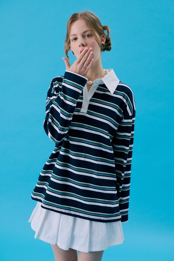 JUNEJUNE SPACE - 긴팔티셔츠 / 후디 - [1차 리오더] VOL11.Stripe Rugby Boxy T_Navy