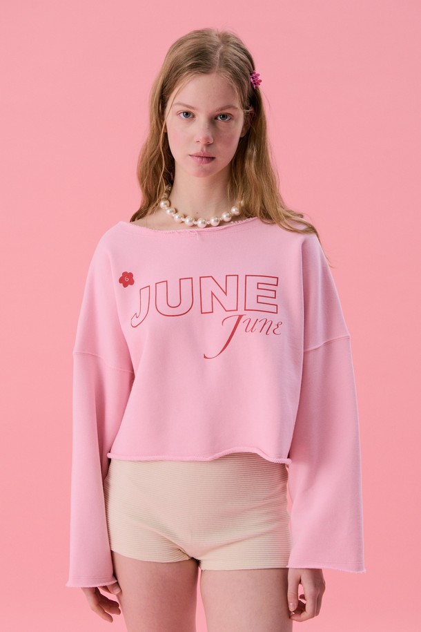 JUNEJUNE SPACE - 긴소매 티셔츠 - VOL11.Lawcut Mini Sweat_Lightpink