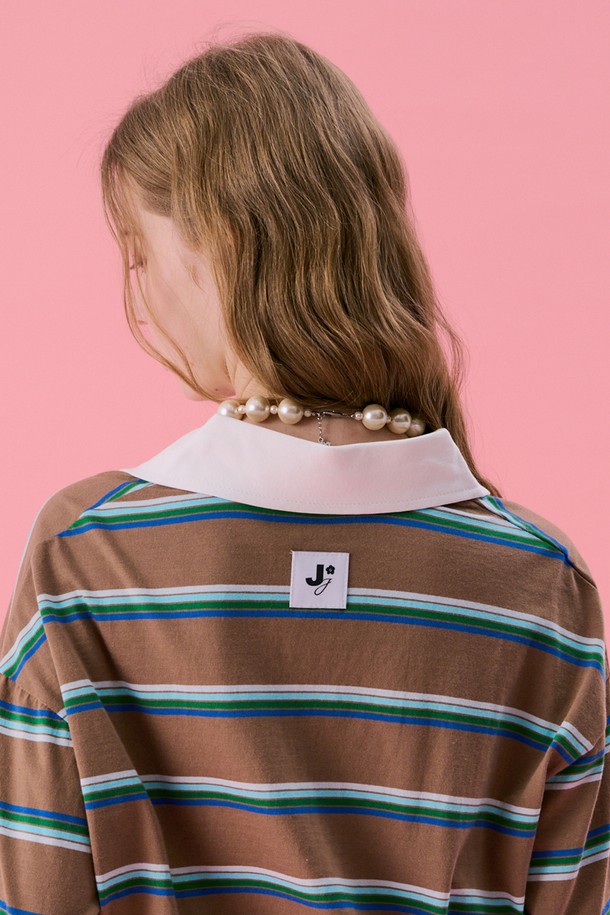 JUNEJUNE SPACE - 긴소매 티셔츠 - [1차 리오더] VOL11.Stripe Rugby Boxy T_Brown