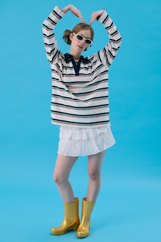 JUNEJUNE SPACE - 긴소매 티셔츠 - VOL11.Stripe Rugby Boxy T_White