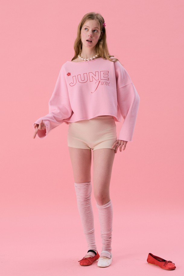 JUNEJUNE SPACE - 긴소매 티셔츠 - VOL11.Lawcut Mini Sweat_Lightpink