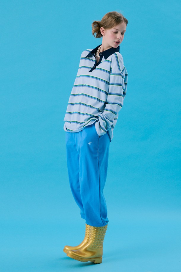 JUNEJUNE SPACE - 긴소매 티셔츠 - VOL11.Stripe Rugby Boxy T_Skyblue