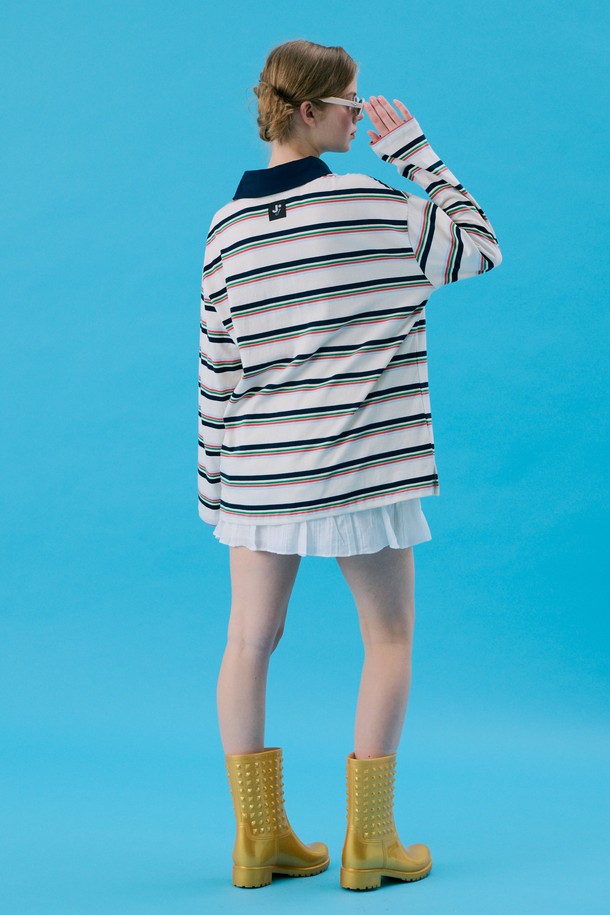 JUNEJUNE SPACE - 긴소매 티셔츠 - VOL11.Stripe Rugby Boxy T_White