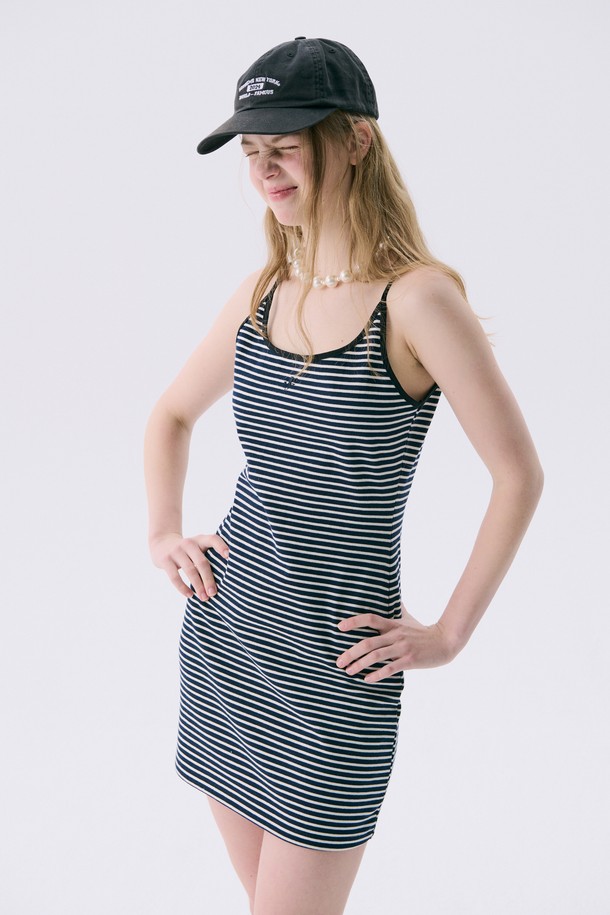 JUNEJUNE SPACE - 민소매 원피스 - VOL11.Stripe Mini Jersey Dress_DARK NAVY