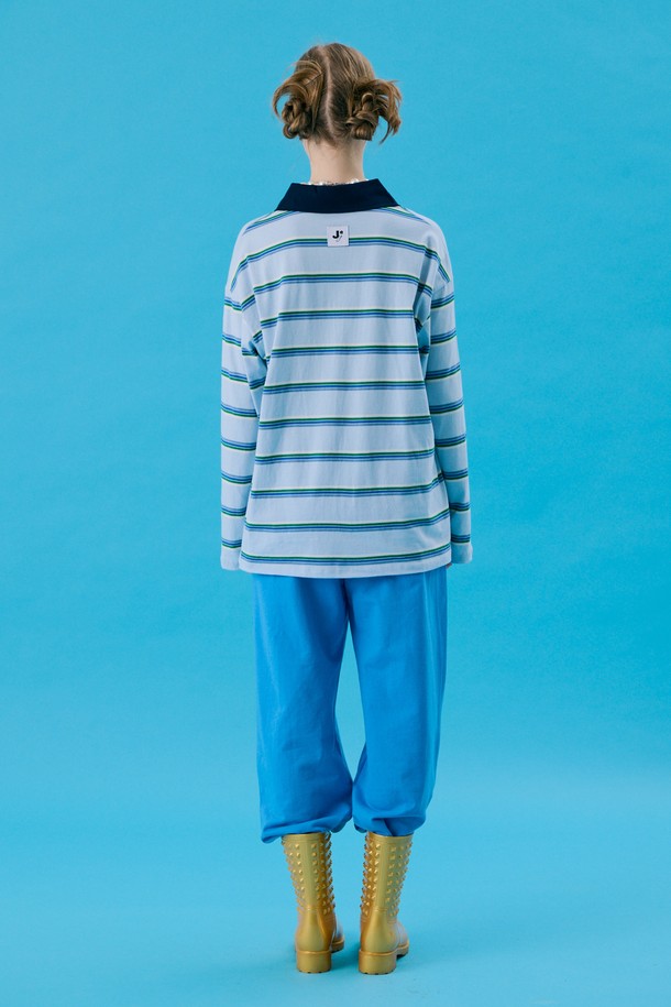 JUNEJUNE SPACE - 긴소매 티셔츠 - VOL11.Stripe Rugby Boxy T_Skyblue