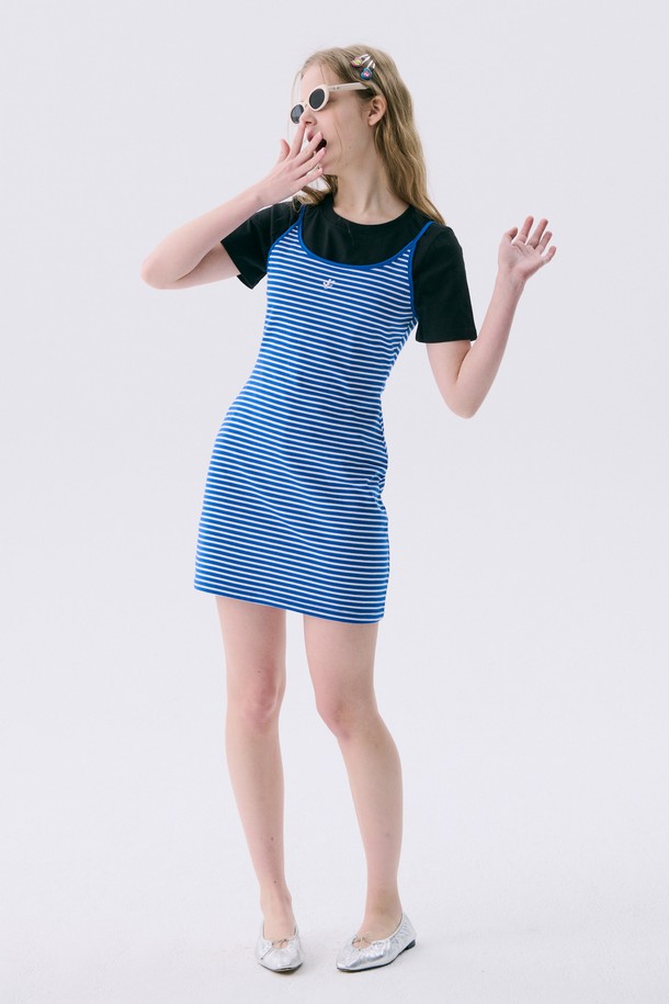 JUNEJUNE SPACE - 민소매 원피스 - VOL11.Stripe Mini Jersey Dress_Blue