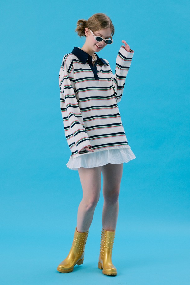 JUNEJUNE SPACE - 긴소매 티셔츠 - VOL11.Stripe Rugby Boxy T_White