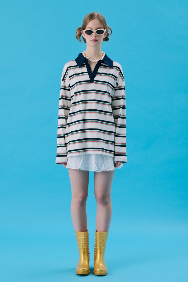 JUNEJUNE SPACE - 긴소매 티셔츠 - VOL11.Stripe Rugby Boxy T_White