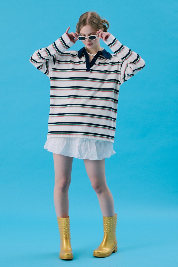 JUNEJUNE SPACE - 긴소매 티셔츠 - VOL11.Stripe Rugby Boxy T_White