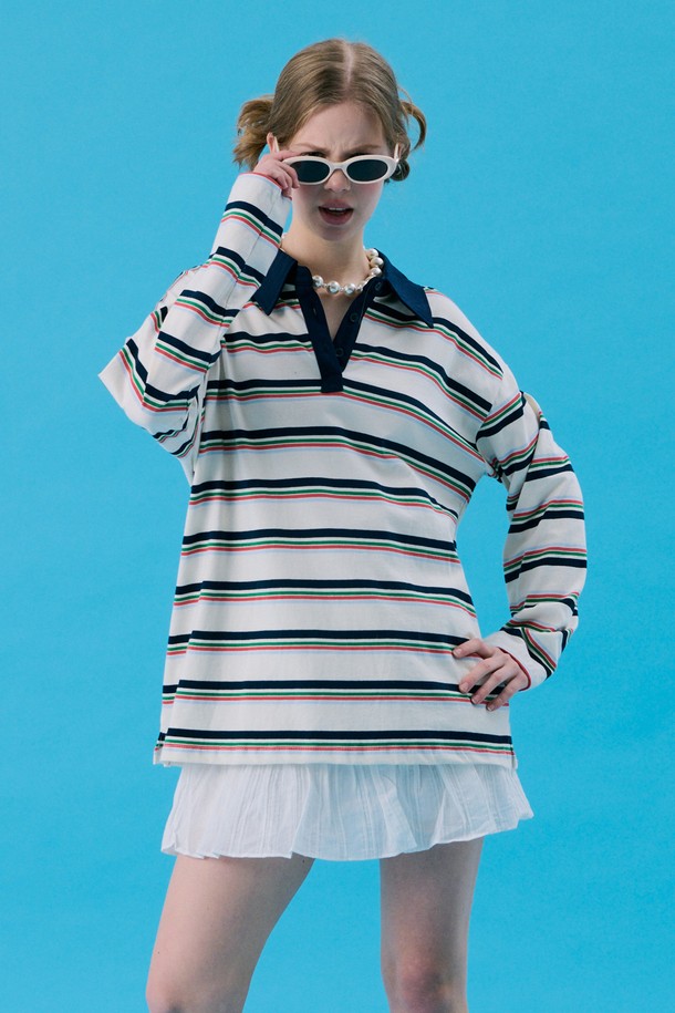 JUNEJUNE SPACE - 긴소매 티셔츠 - VOL11.Stripe Rugby Boxy T_White