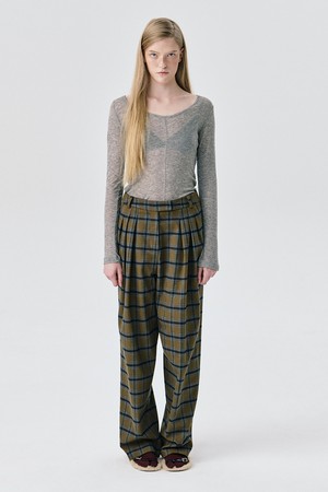 Check Wide Tuck Pants_Khaki