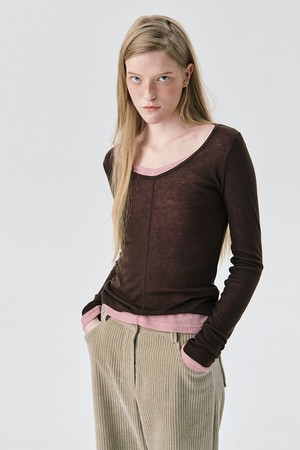 U neck Sheer T_Brown