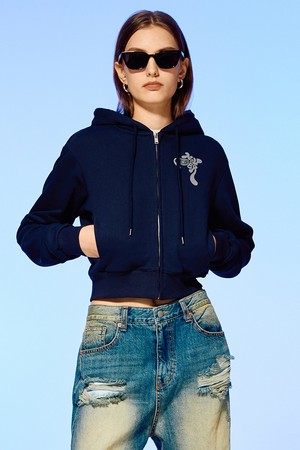 TWISTED LOGO CROP HOODIE ZIPUP-NAVY