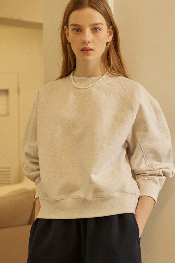 NONLOCAL - 스웻셔츠 - Rib Block Crop Sweatshirt - Light Grey