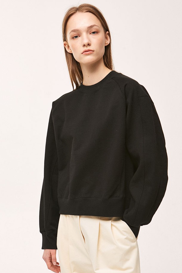 NONLOCAL - 스웻셔츠 - Rib Block Crop Sweatshirt - Black