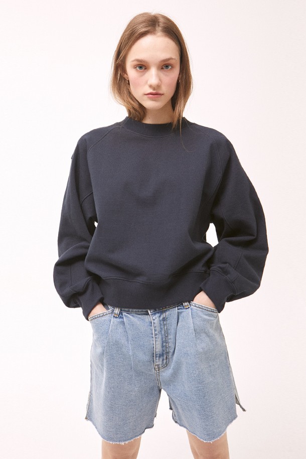 NONLOCAL - 스웻셔츠 - Rib Block Crop Sweatshirt - Navy