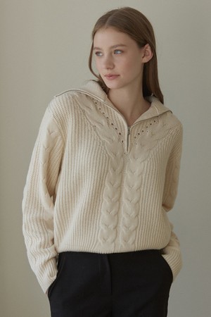 Wool Cable Half Zip-up Knit - Oat Beige