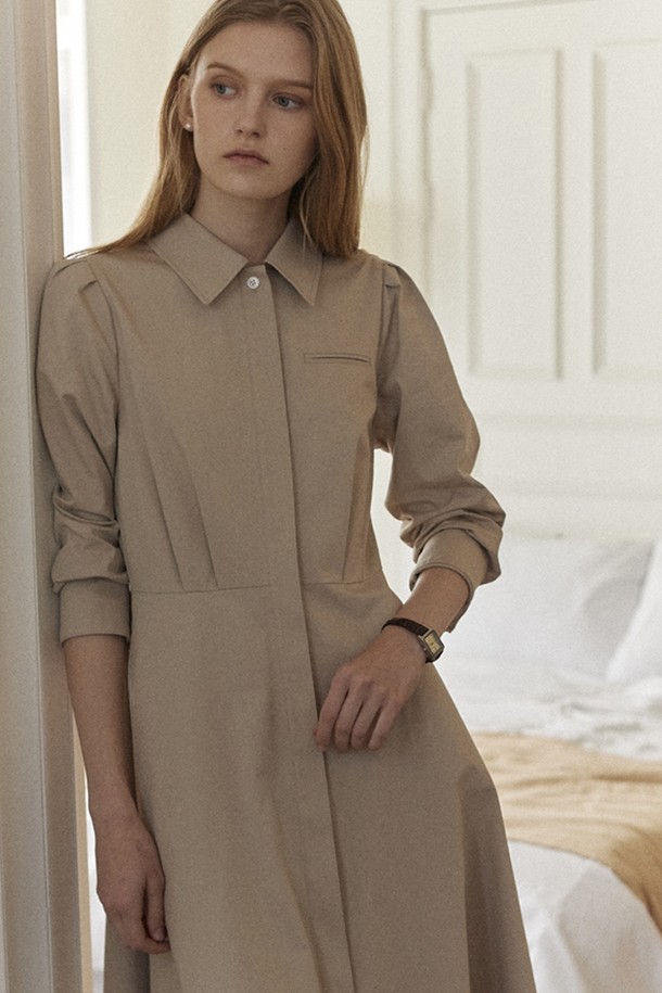 NONLOCAL - 긴소매 원피스 - Puff Sleeve Shirt Dress - Beige