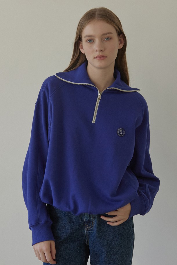 NONLOCAL - 스웻셔츠 - Rose Wappen Rib Block Half Zip-up Sweatshirt - Blue