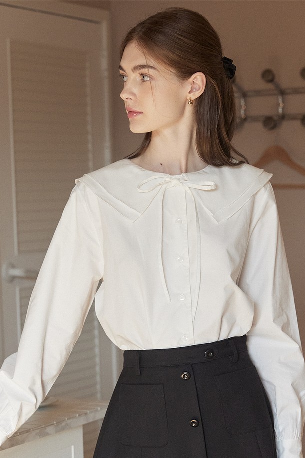 NONLOCAL - 블라우스 - Double collar ribbon blouse - Off White