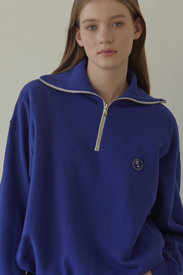 NONLOCAL - 스웻셔츠 - Rose Wappen Rib Block Half Zip-up Sweatshirt - Blue