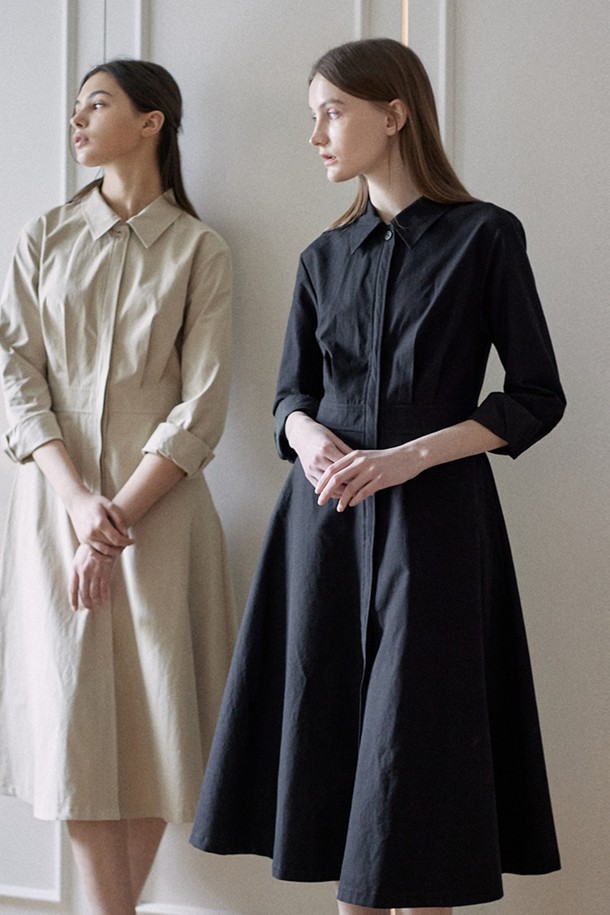 NONLOCAL - 긴소매 원피스 - Waist Line Shirt Dress - Black